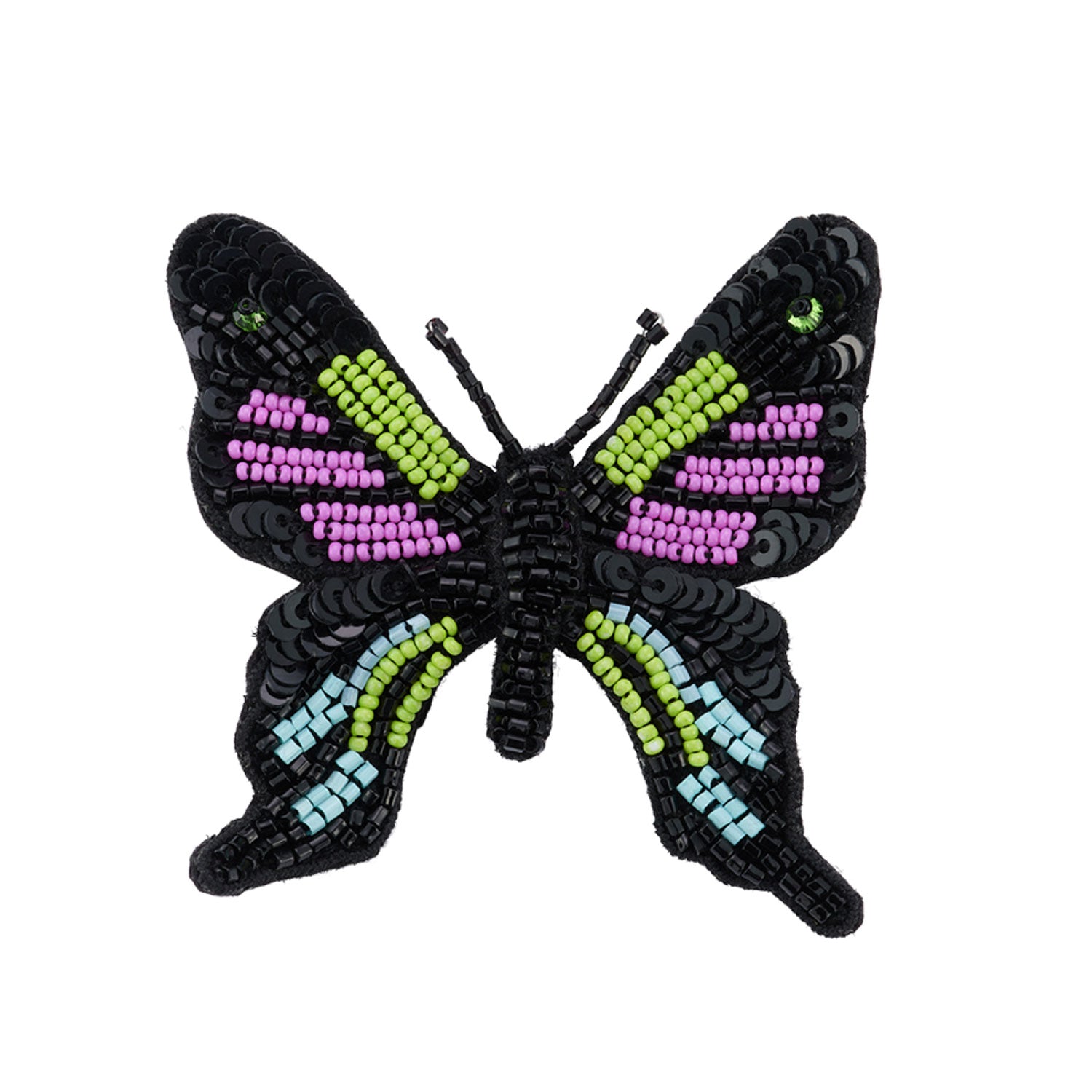 Black, Neon Green, Purple, and Blue Beaded Butterfly Brooch on Flat White Background
