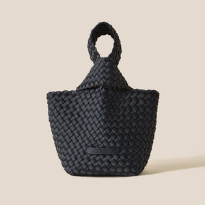 Black Woven Neoprene Handbag on Flat Cream Background