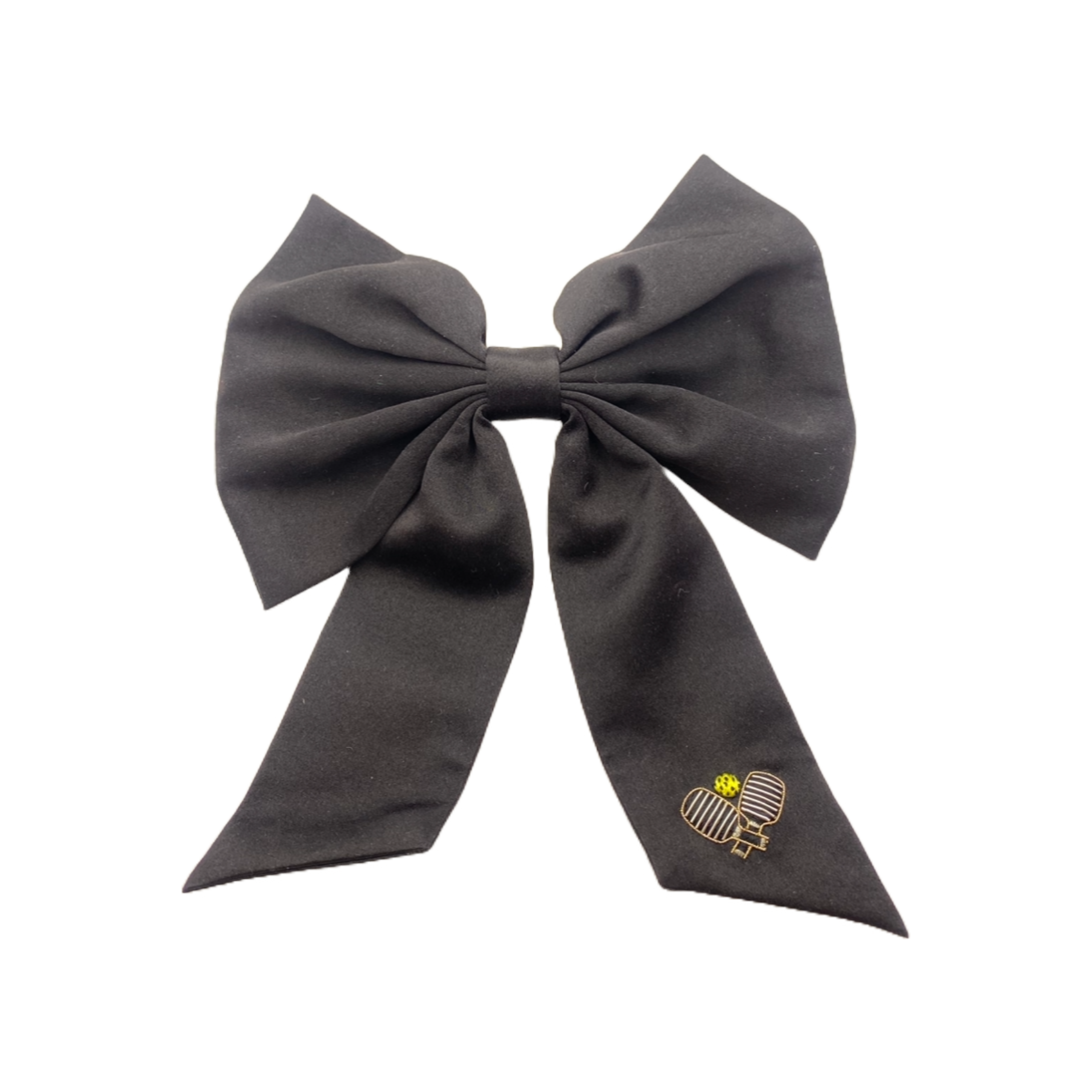 Black Pickleball and Ball Embroidered Hair Bow on Flat White Background