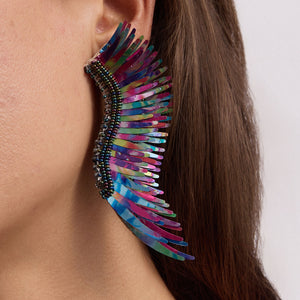 Black Rainbow Wing Earrings Styled on Model's Ear