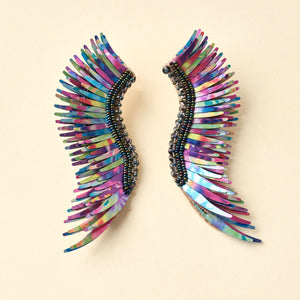 Black Rainbow Wing Earrings on Tan Background