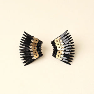 Black Sequin Wing Stud Earrings with Bronze and Silver Sequins and Beads on Tan Background