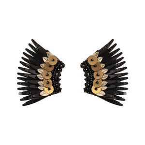 Black Sequin Wing Earrings with Bronze Sequins and Silver Bead Accents on Flat White Background