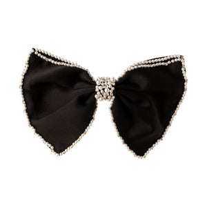 Black Hair Bow with Pearl and Crystal Embroidery on Flat White Background