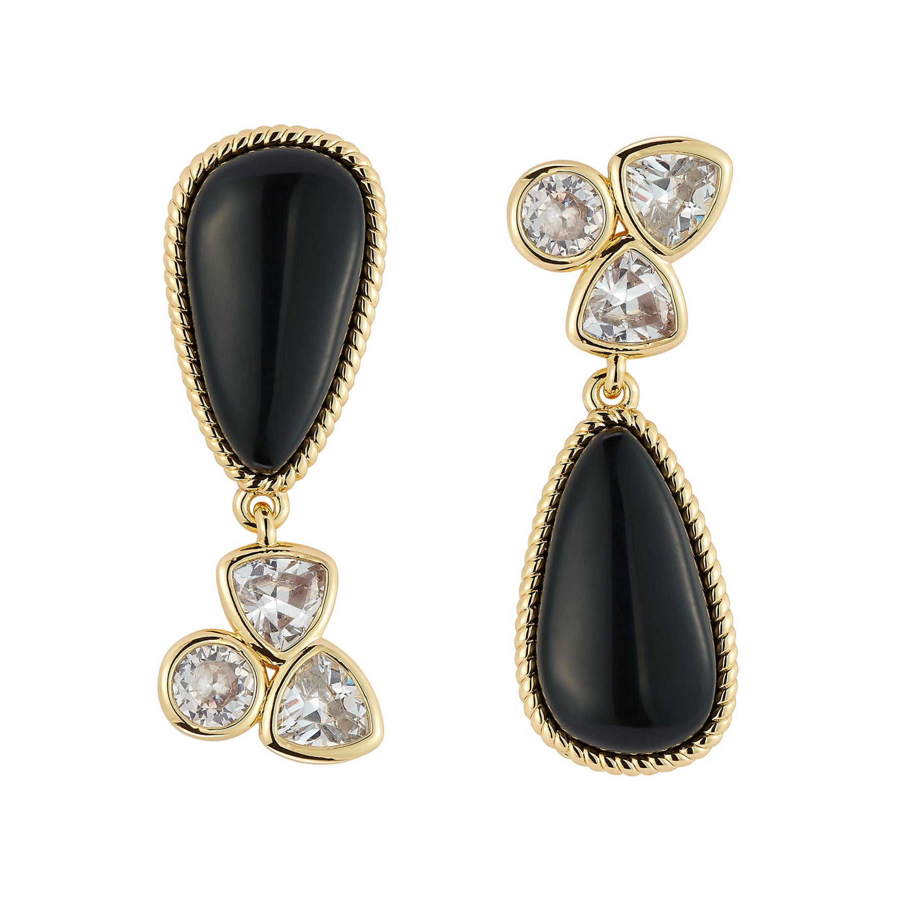 Pair of earrings with black teardrop stones , clear crystals, and gold accents on a white background