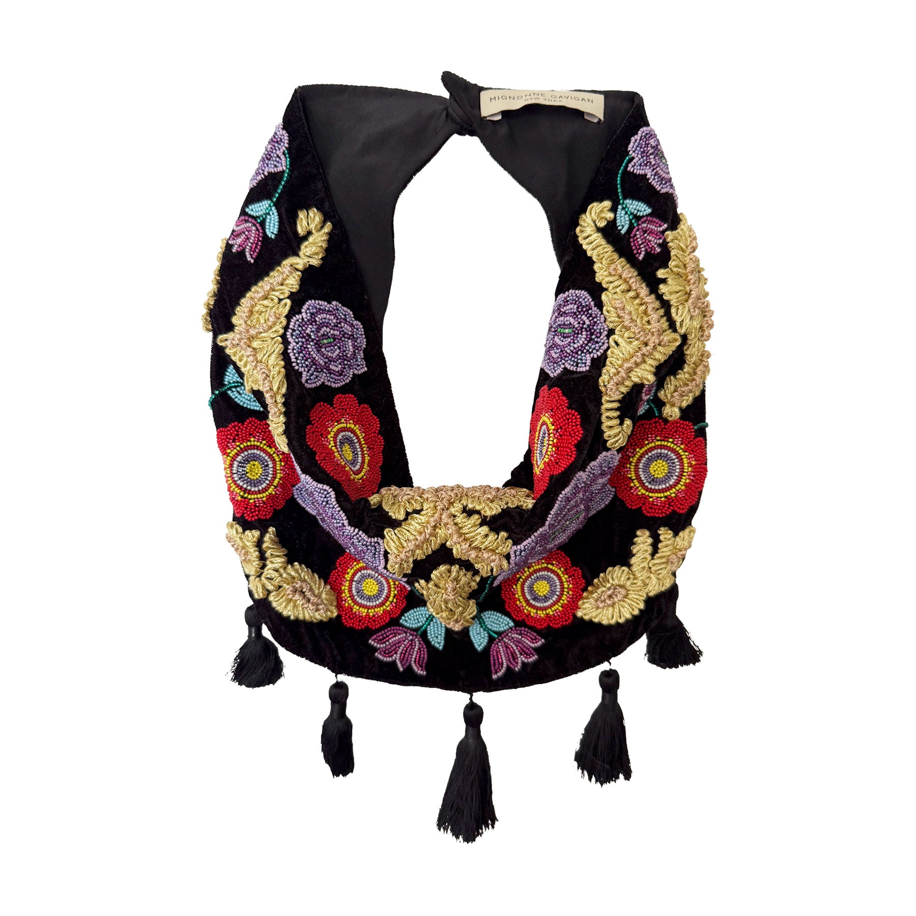 Decorative black scarf with colorful floral patterns and tassels on a white background