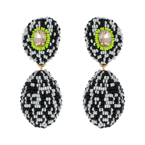 Black, White, and Green Beaded Double Drop Earrings with Crystal Accent on Flat White Background