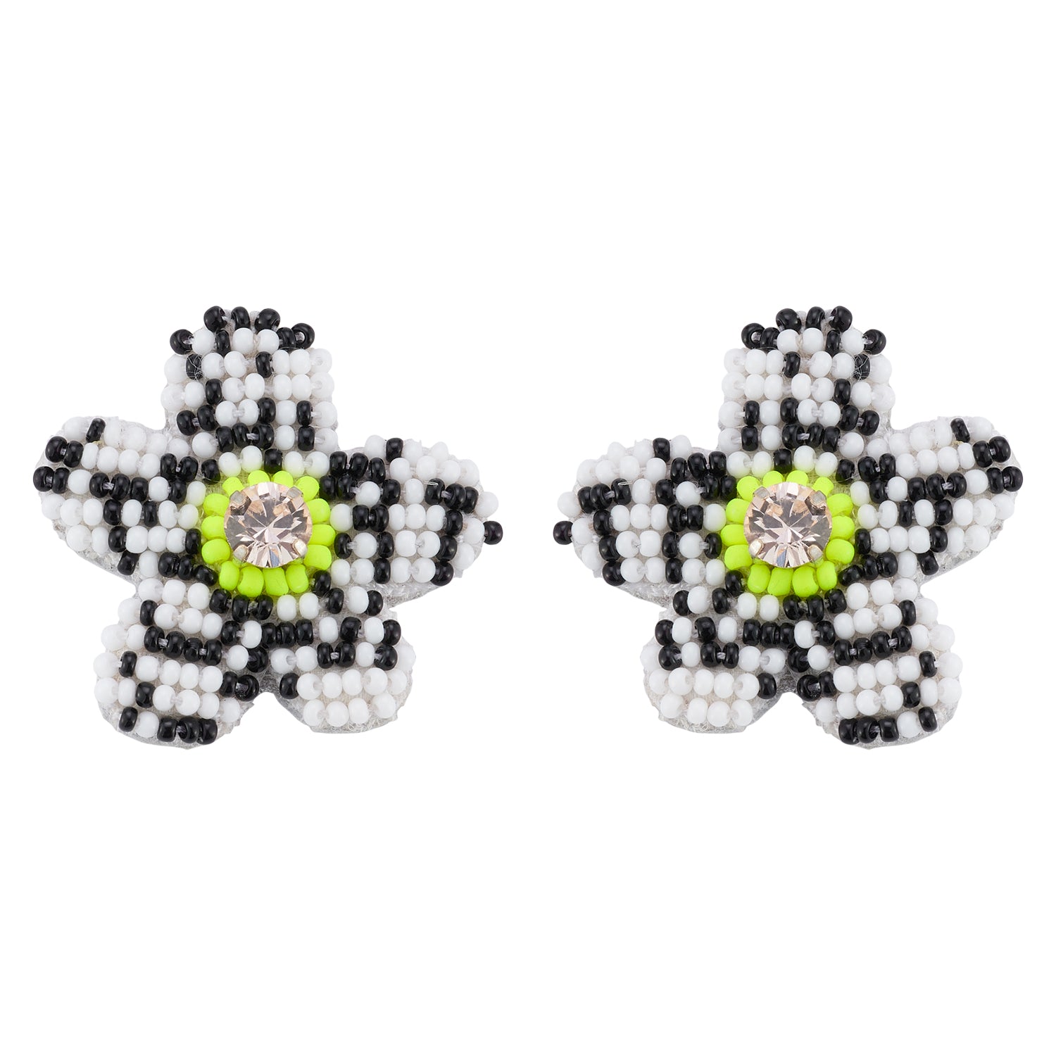 Black, White, and Green Beaded Flower Stud Earrings with Crystal Center on Flat White Background
