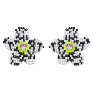 Black, White, and Green Beaded Flower Stud Earrings with Crystal Center on Flat White Background