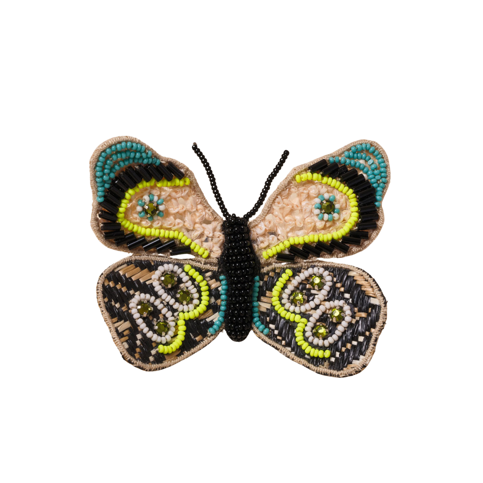 Teal, Black, Gold, and Neon Yellow Beaded and Embroidered Butterfly Brooch on Flat White Background