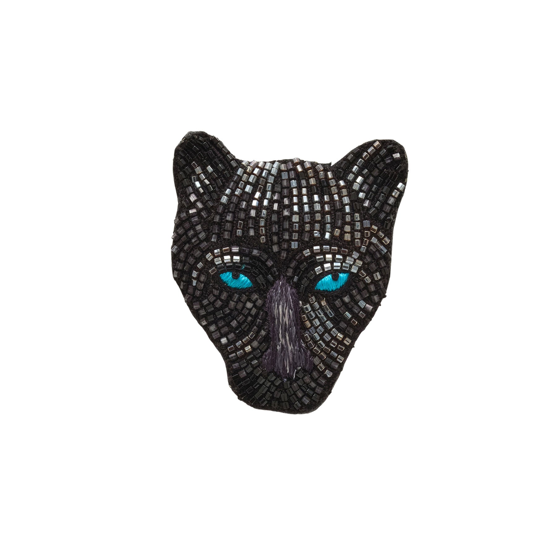 Black and Blue Beaded and Embroidered Panther Brooch on Flat White Background