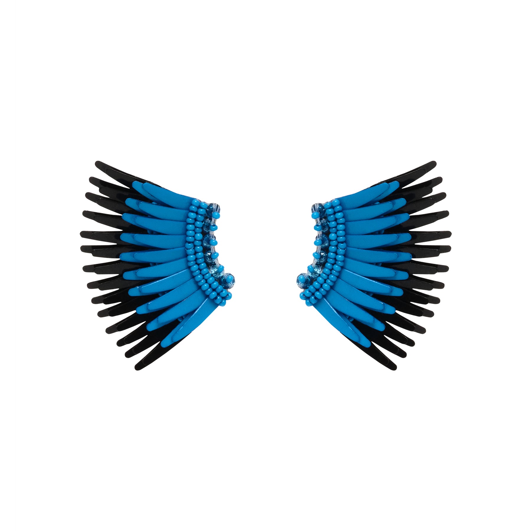 Black and Blue Bead and Sequin Wing Stud Earrings on Flat White Background