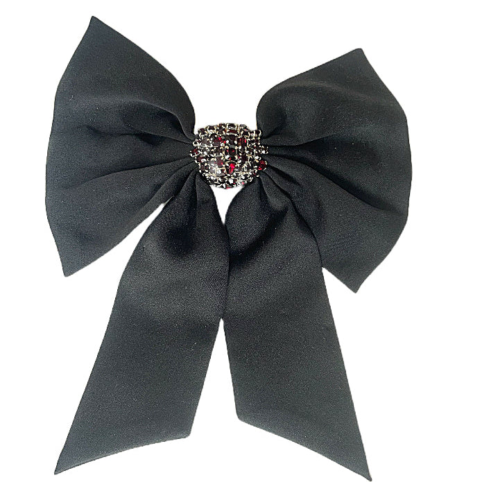Black and Crimson Crystal Hair Bow on Flat White Background
