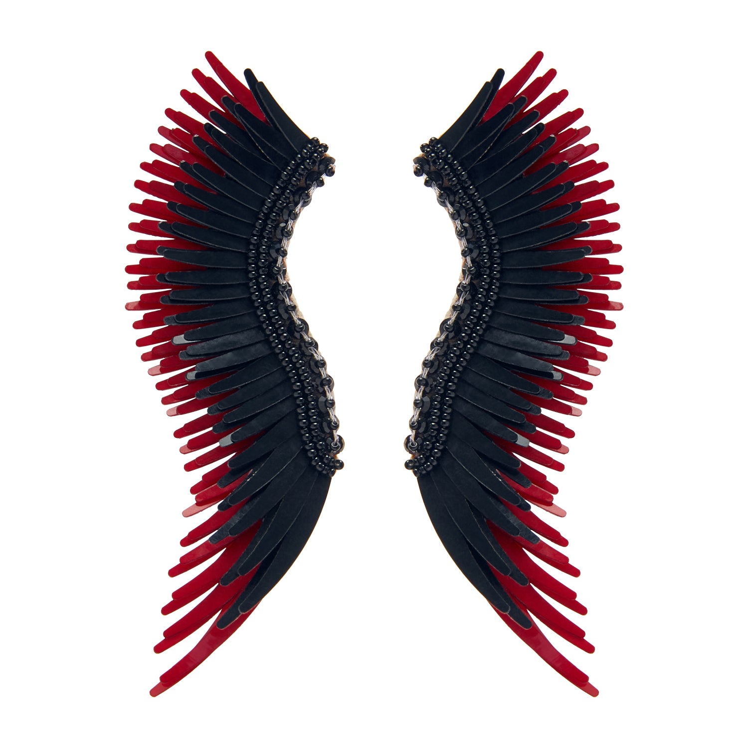 Black and Crimson Sequin and Bead Wing Stud Earrings on Flat White Background