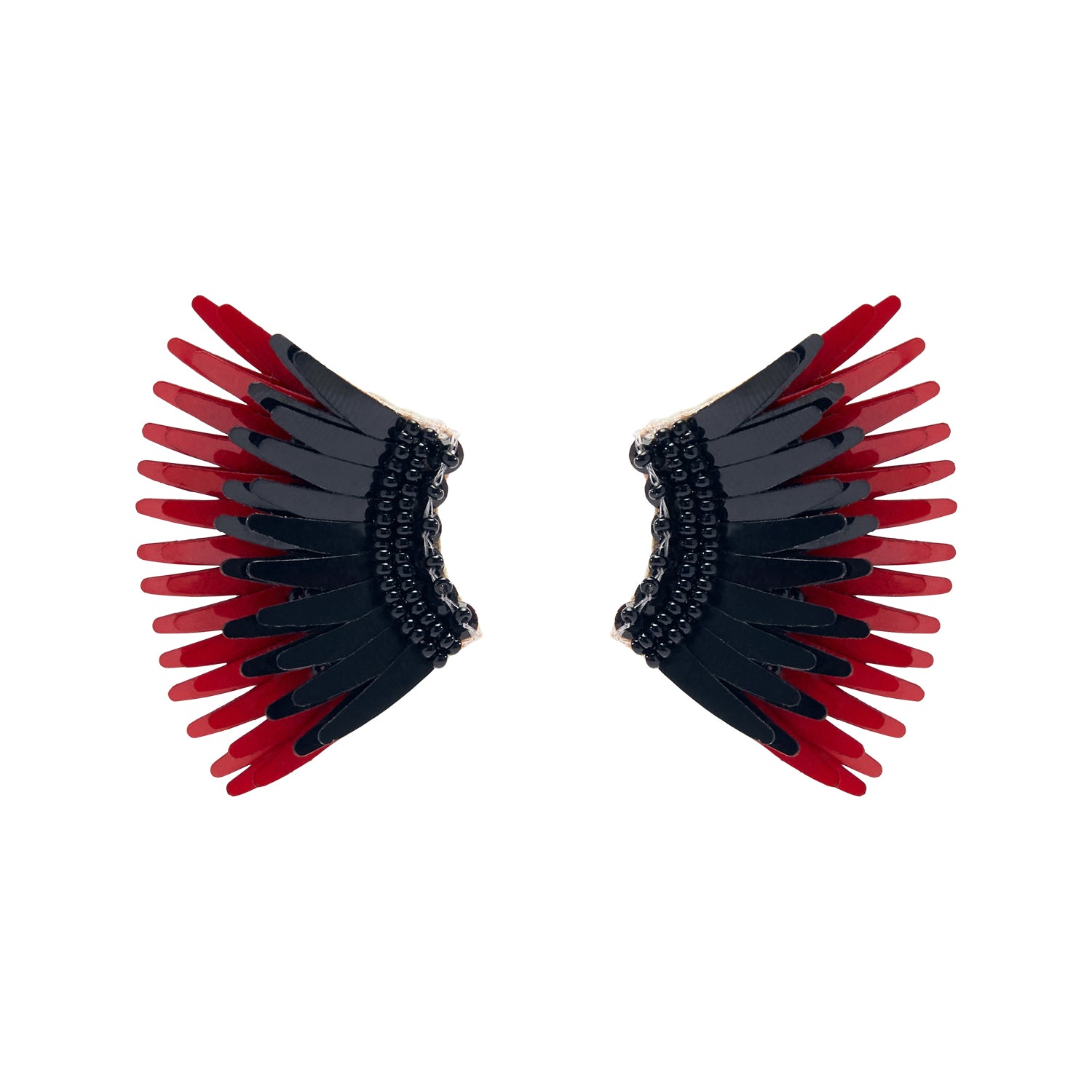 Crimson and Black Sequin and Bead Wing Stud Earrings on Flat White Background