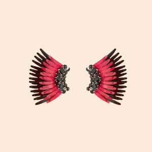 Black and Crimson Sequin and Crystal Wing Stud Earrings on Tan Background