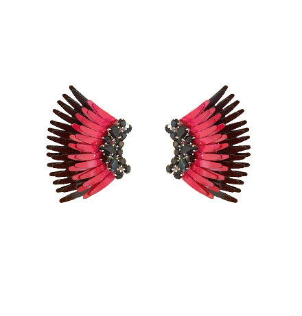 Black and Crimson Sequin and Crystal Wing Stud Earrings on Flat White Background