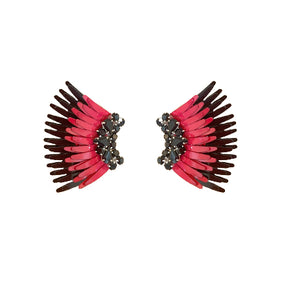 Black and Crimson Sequin and Crystal Wing Stud Earrings on Flat White Background