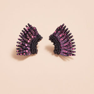 Black Sequin and Bead Wing Stud Earrings with Neon Pink Splatter Paint on Tan Background