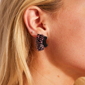 Black Sequin and Bead Wing Stud Earrings with Neon Pink Splatter Paint on Model's Ear