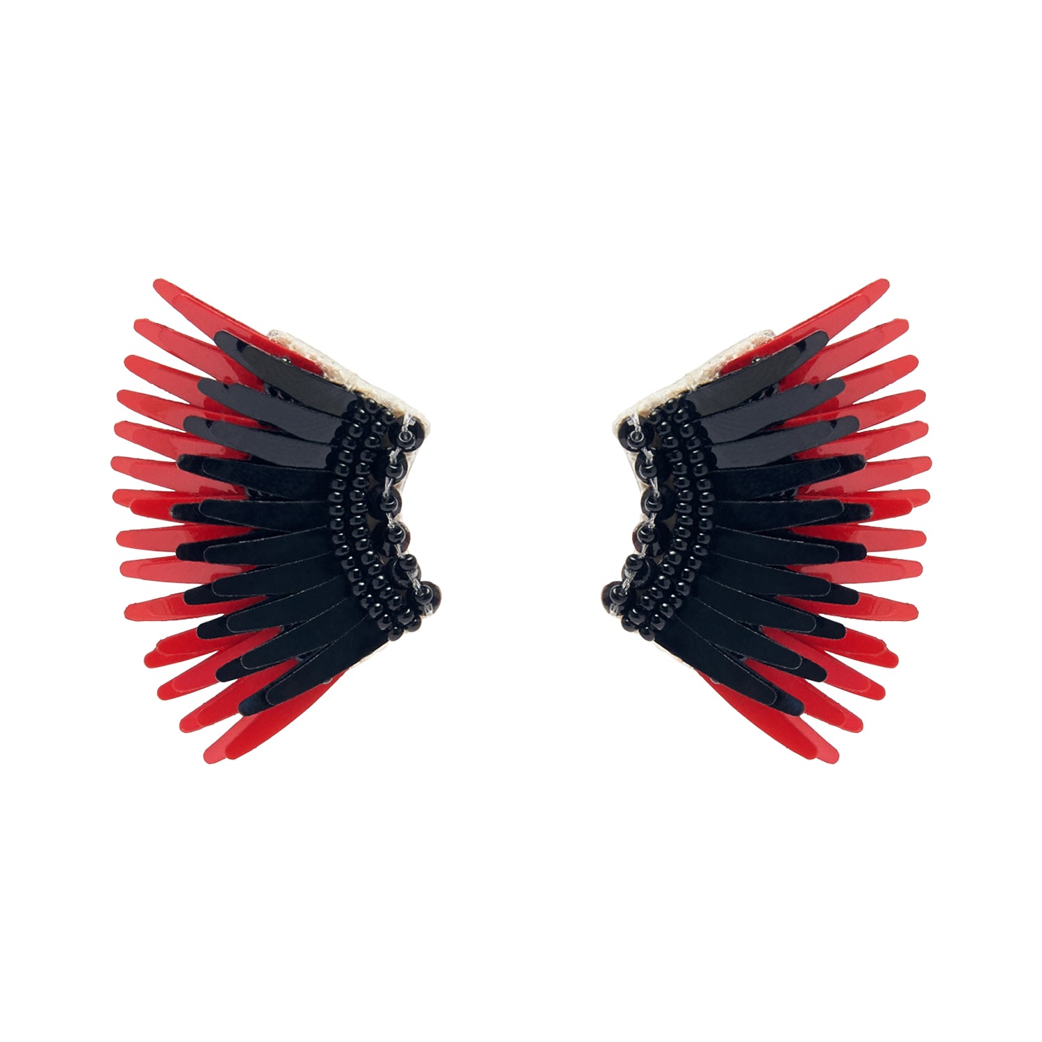Red and Black Sequin and Bead Wing Stud Earrings on Flat White Background