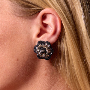 Black and Silver Beaded Flower Stud Earrings Styled on Model's Ear