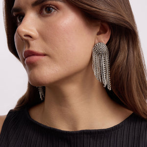 Black and Silver Crystal Dangle Earrings Styled on Model