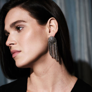 Black and Silver Crystal Dangle Earrings Styled on Model