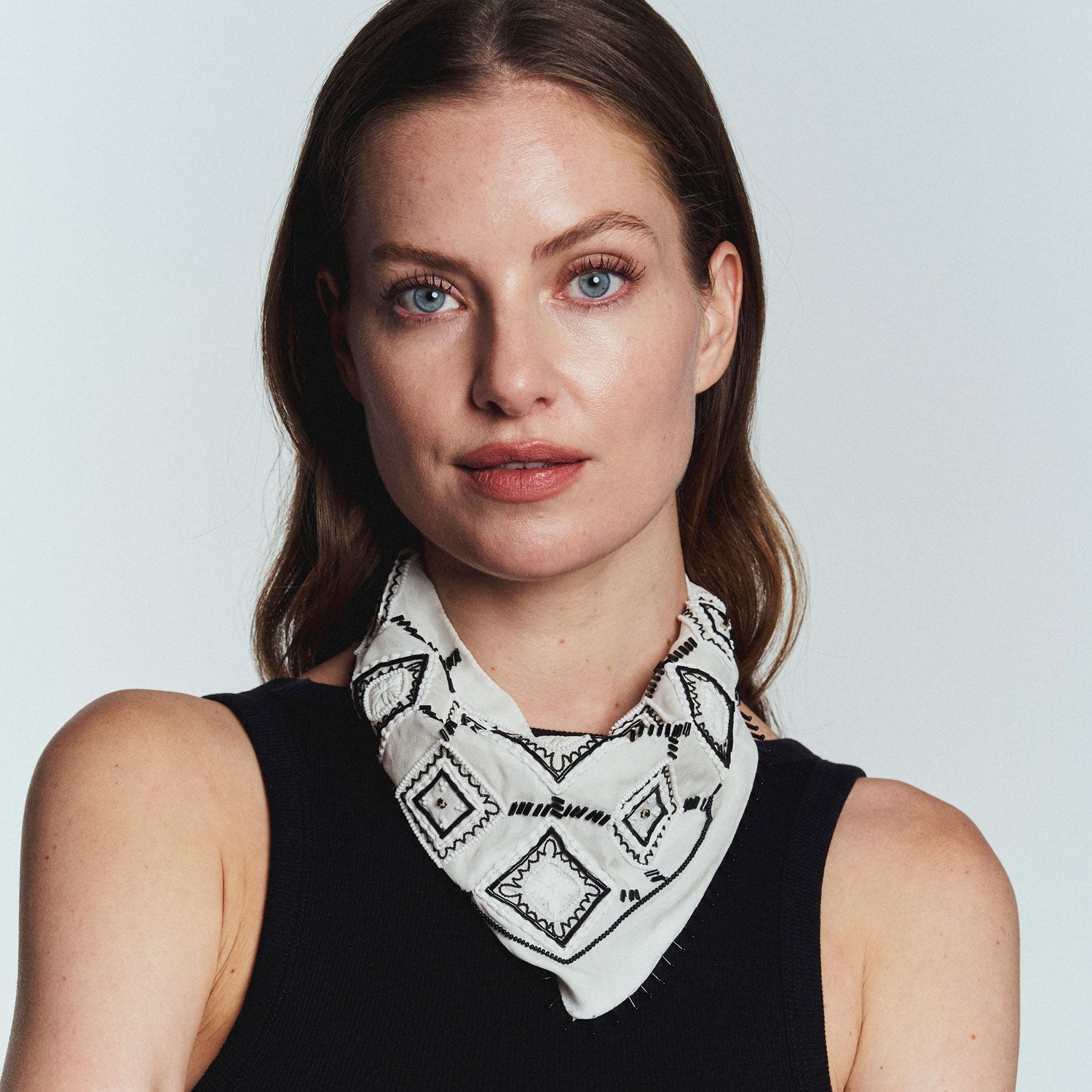 Black and White Beaded and Embroidered Bandana Styled on Model