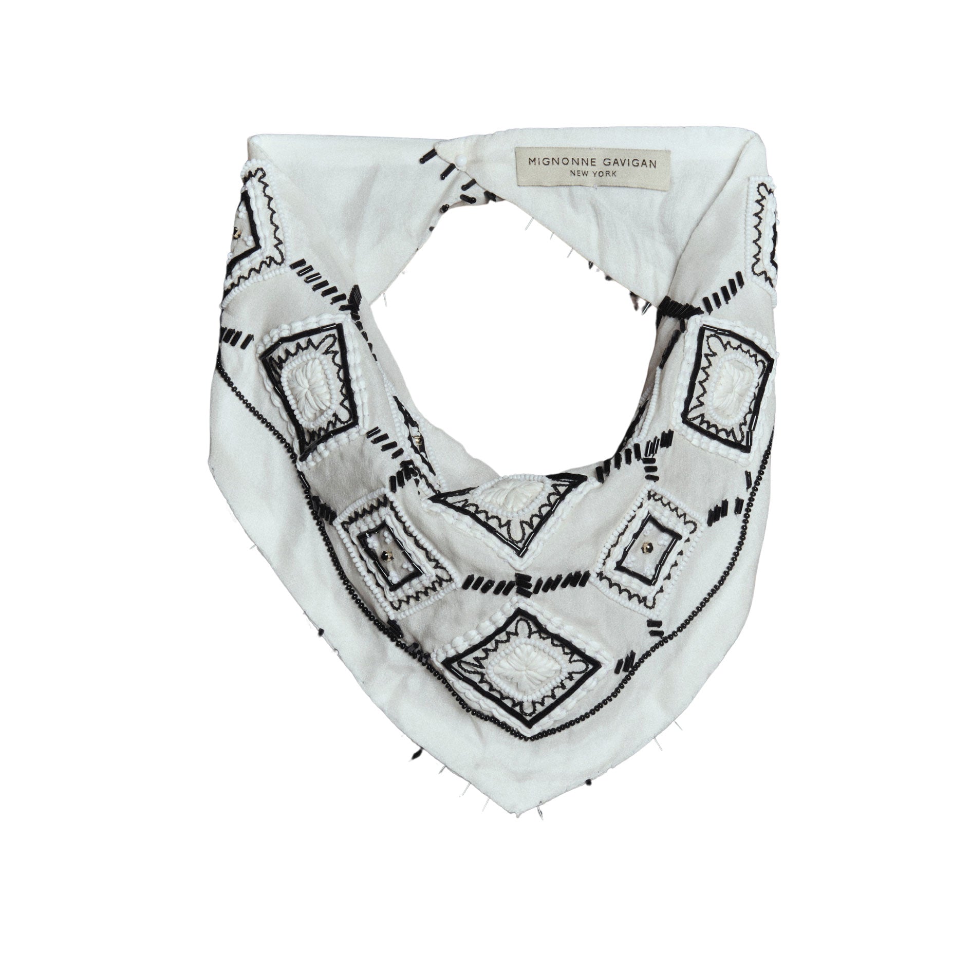 Black and White Beaded and Embroidered Bandana on Flat White Background