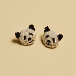 Beaded Panda Stud Earrings on Tan Background