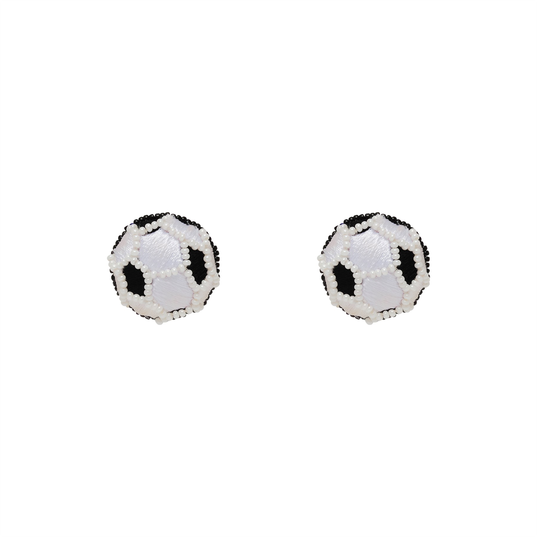 Black and White Beaded and Embroidered Soccer Ball Stud Earrings on Flat White Background
