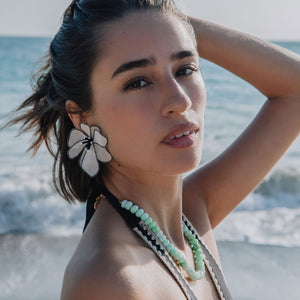 Black and White Embroidered Flower Earrings Styled on Model