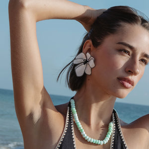 Black and White Embroidered Flower Earrings Styled on Model