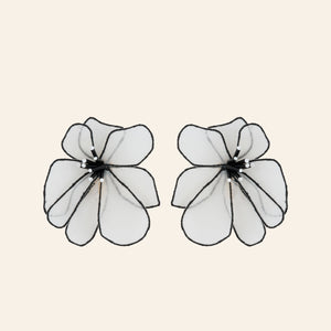 Black and White Embroidered Flower Earrings on Tan Background