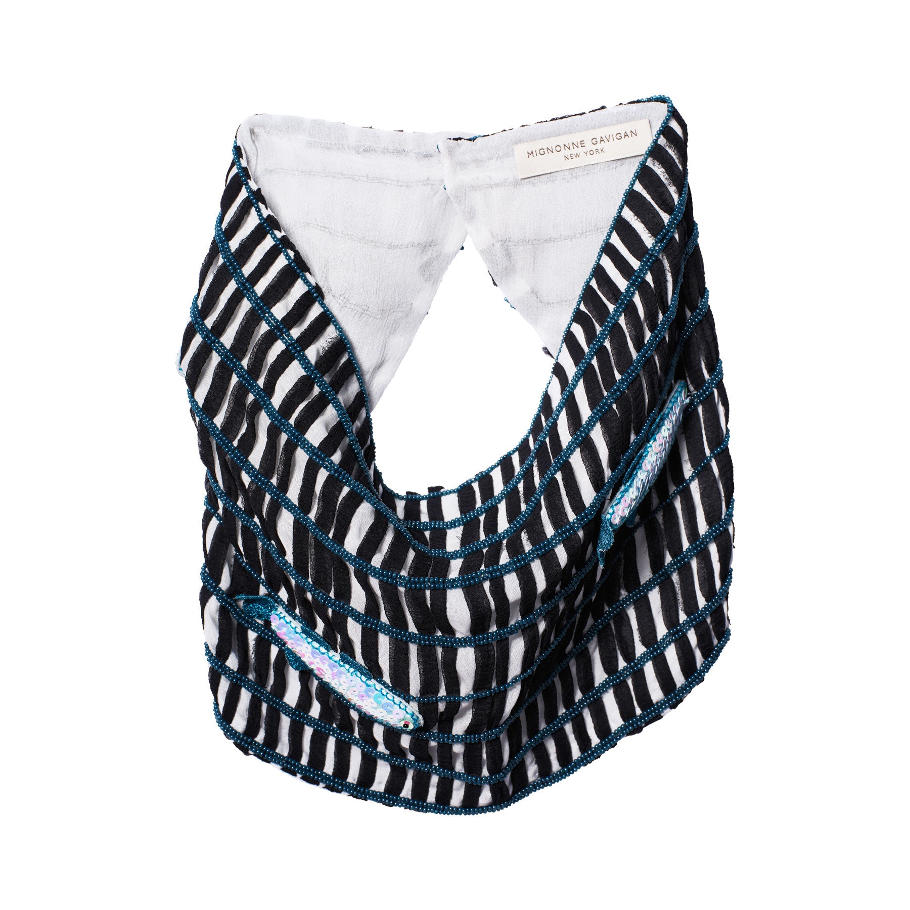 Sequin Fish Embroidered Gingham Scarf Necklace on Flat White Background