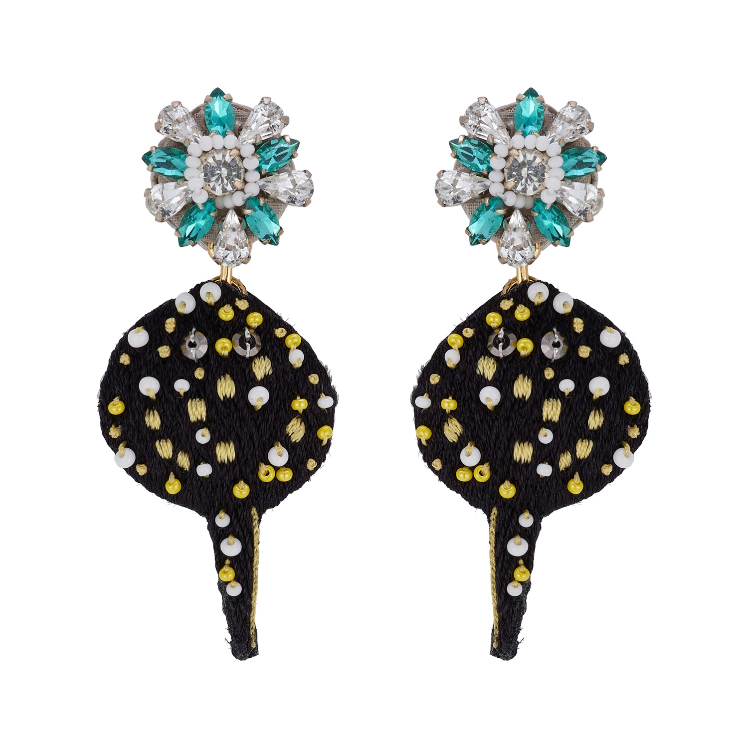 Black and Yellow Embroidered Sting Ray with Blue and Clear Crystal Topper on Flat White Background