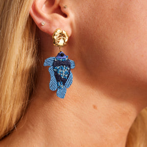 Blue Beaded and Embroidered Fish Drop Earrings with Gold Top on Model's Ear