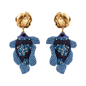 Blue Beaded and Embroidered Fish Drop Earrings with Gold Top on White Background