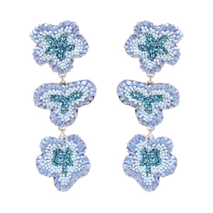 Blue Beaded Flower Drop Earrings on White Background