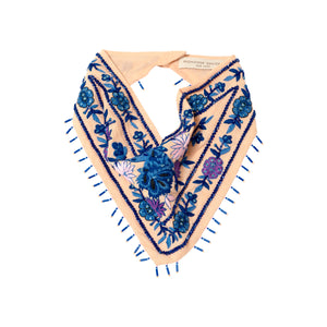 Tan Silk with Blue, Pink, and Purple  Embroidery Bandana on Flat White Background