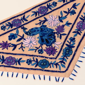 Tan Silk with Blue, Pink, and Purple  Embroidery Bandana Close Up