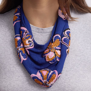 Blue Scarf Necklace with Orange, Pink, and Blue Beading on Model