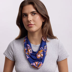 Blue Scarf Necklace with Orange, Pink, and Blue Beading on Model