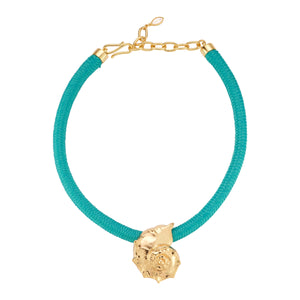 Turquoise Cord and Gold Shell Charm Pendant Necklace on Flat White Background