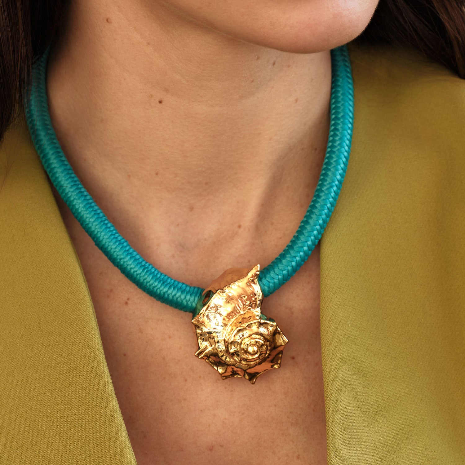 Turquoise Cord and Gold Shell Charm Pendant Necklace Styled on Model