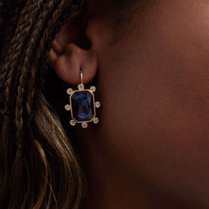 Blue and Clear Crystal Drop Earrings Styled on Model