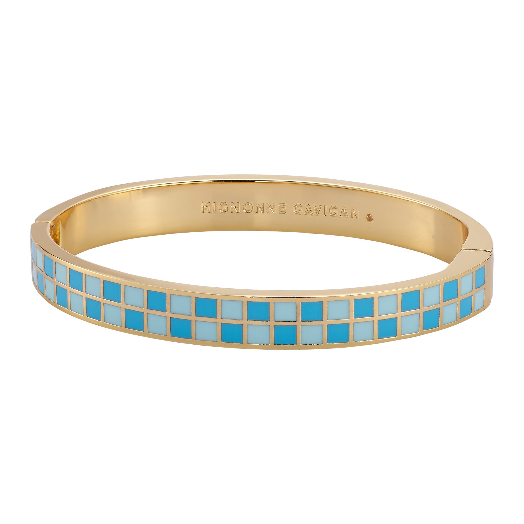 Blue Checkered Enamel Bangle Bracelet on Flat White Background