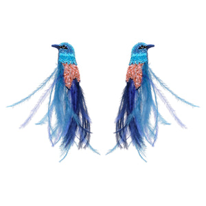 Blue Feather and Beaded Embroidered Statement Bird Earrings on Flat White Background