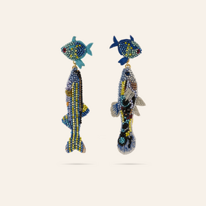 Blue and Green Beaded Fish Double Drop Earrings on Tan Background